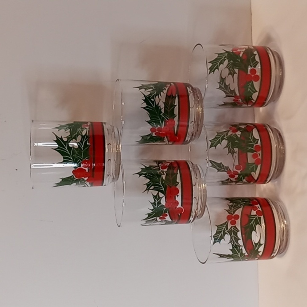 MCM Christmas Vintage Libbey Holly Berry Graphic Clear Glass Tumblers Set Of 6